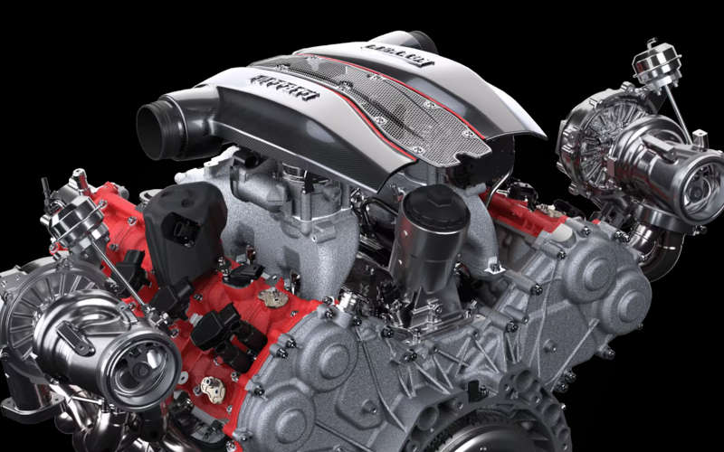 A graphic of the engine in the Ferrari 488 Pista